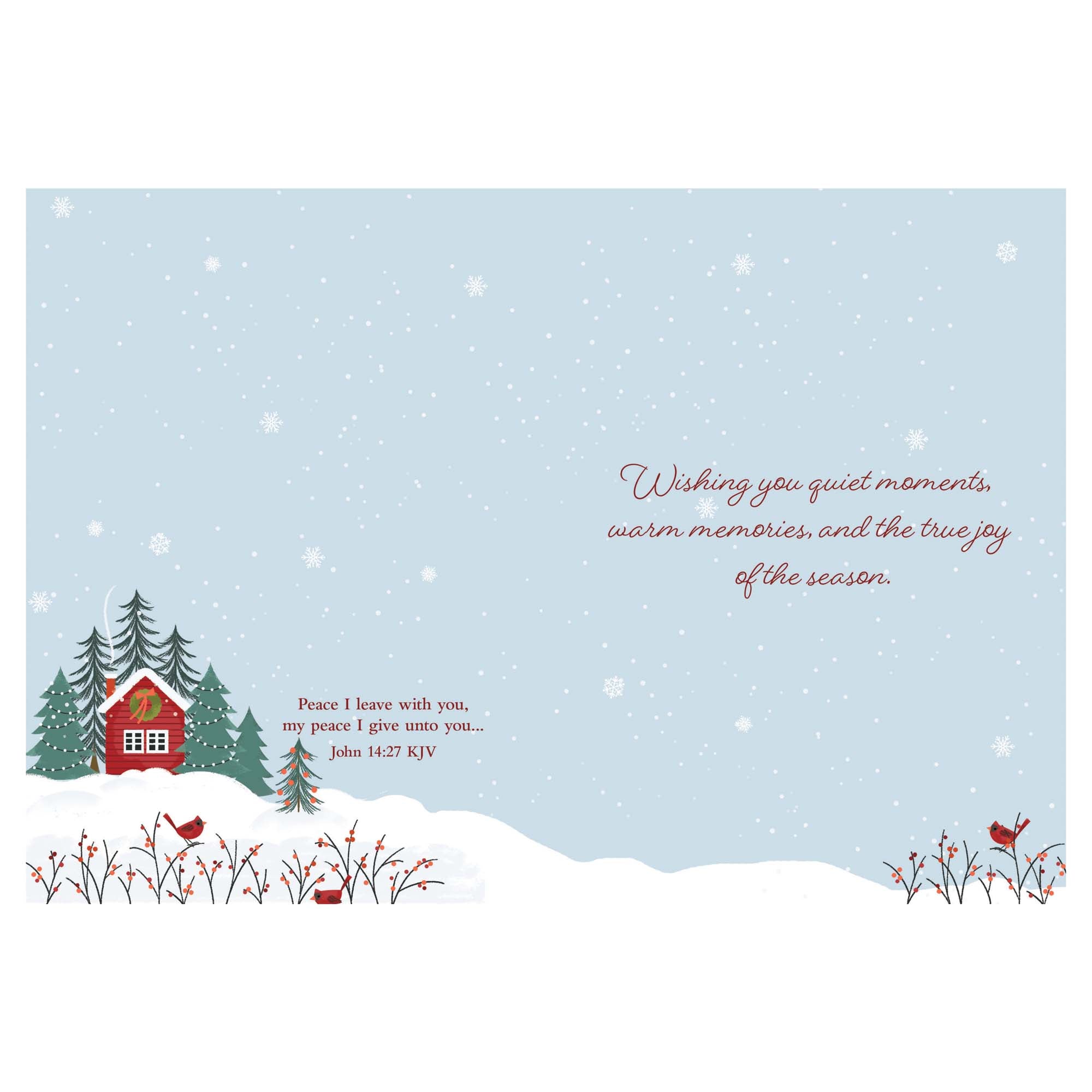 Winter scene with a cabin and trees on a light blue background with snowflakes, featuring a Christmas message.