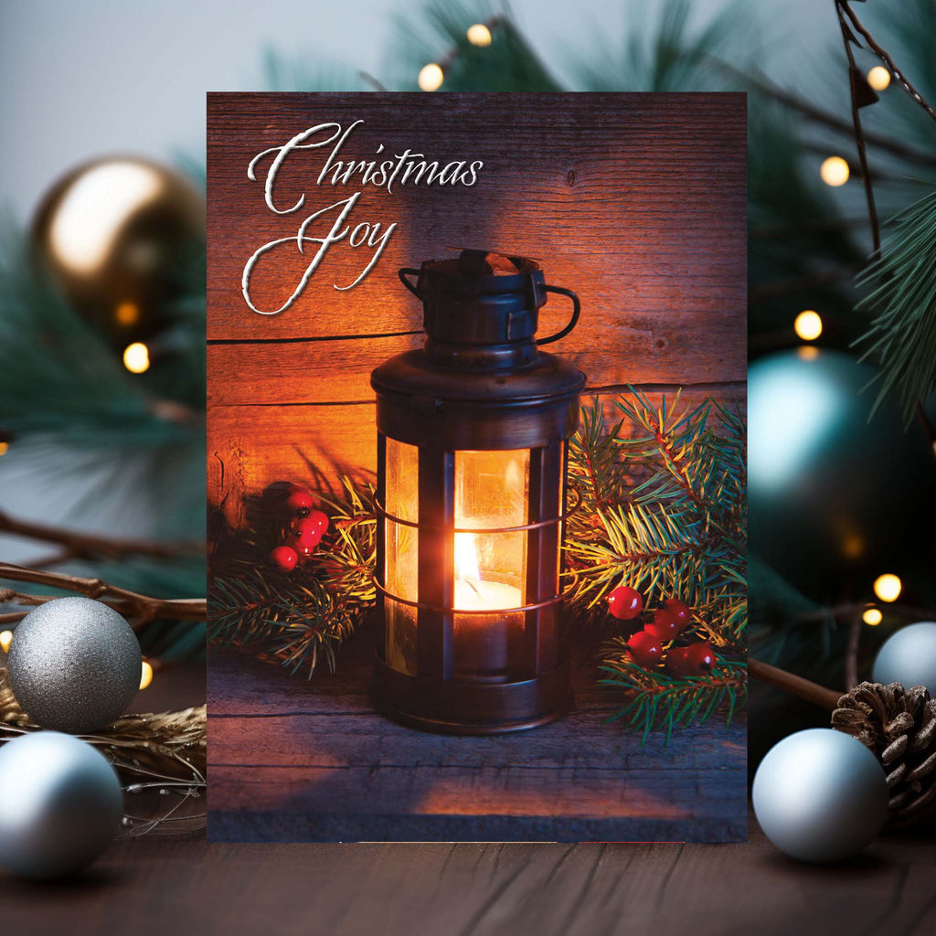 Religious Christmas Card on Table with Ornaments