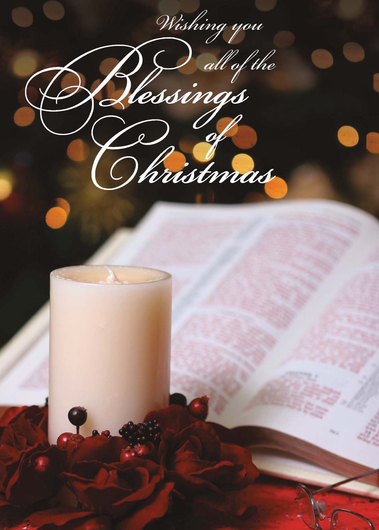 Front of Religious Christmas Card with Bible and Candle
