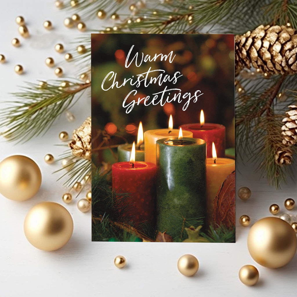 Card on Table with Gold Bulbs and Pine Cones