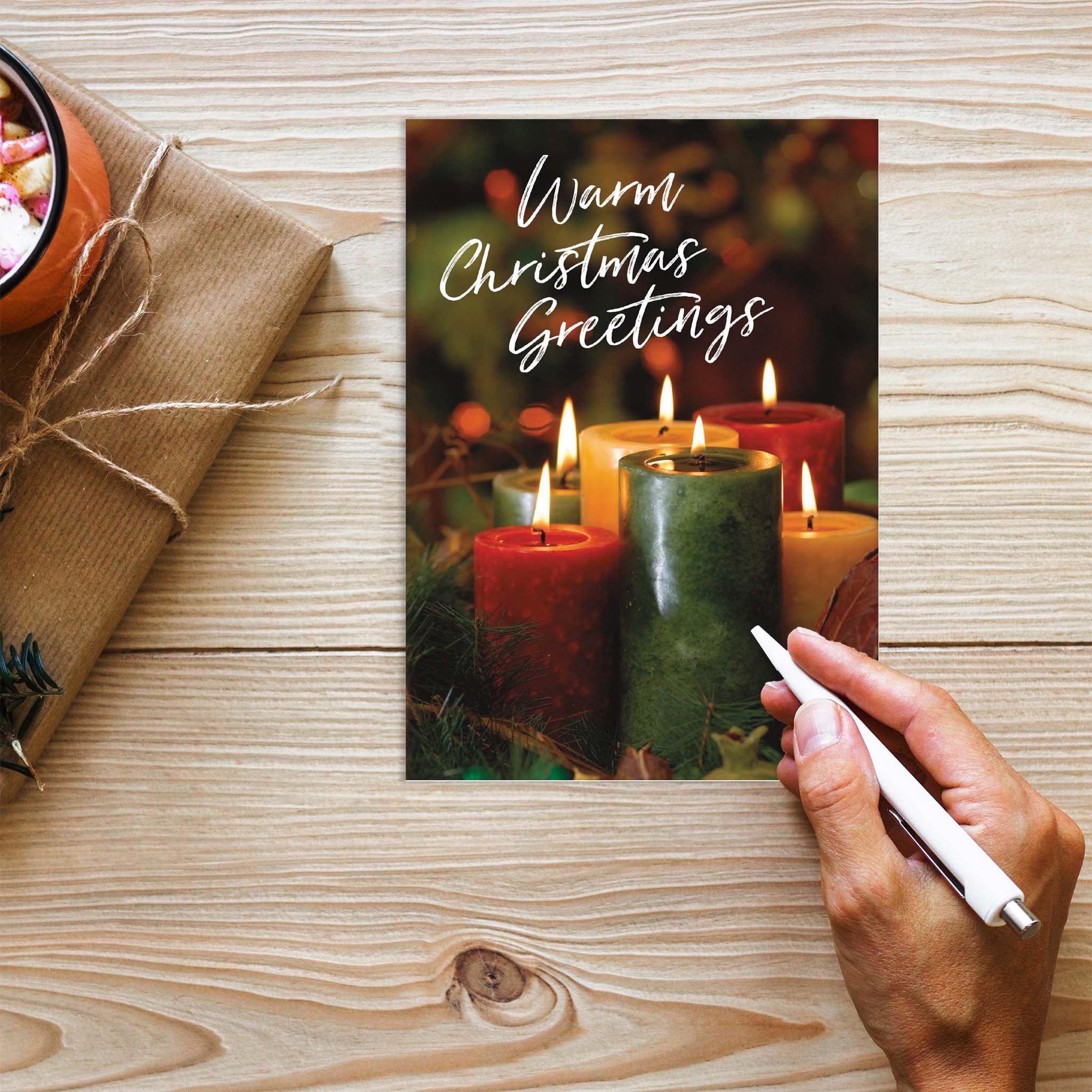 Christmas Religious Card on Table with Christmas Package