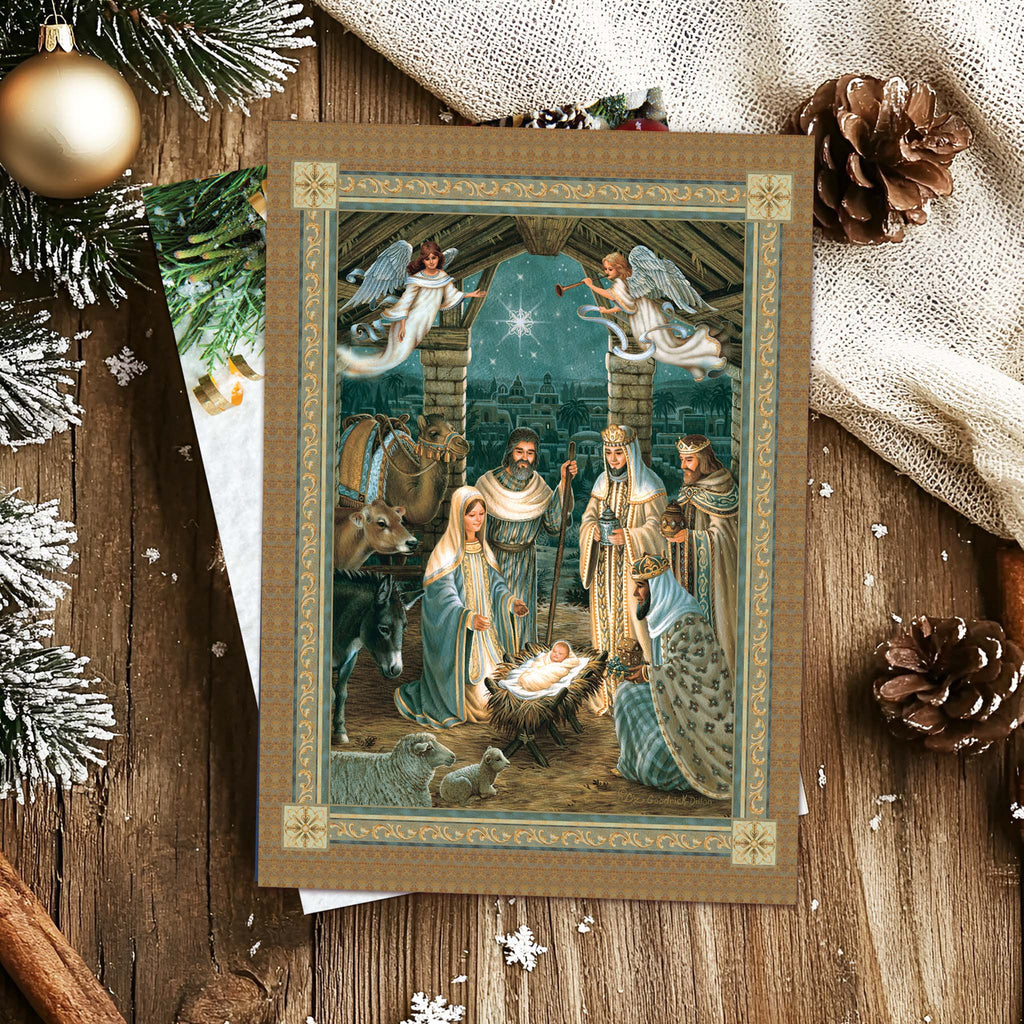 Religious Card on Table with Pine Cones and Ornaments