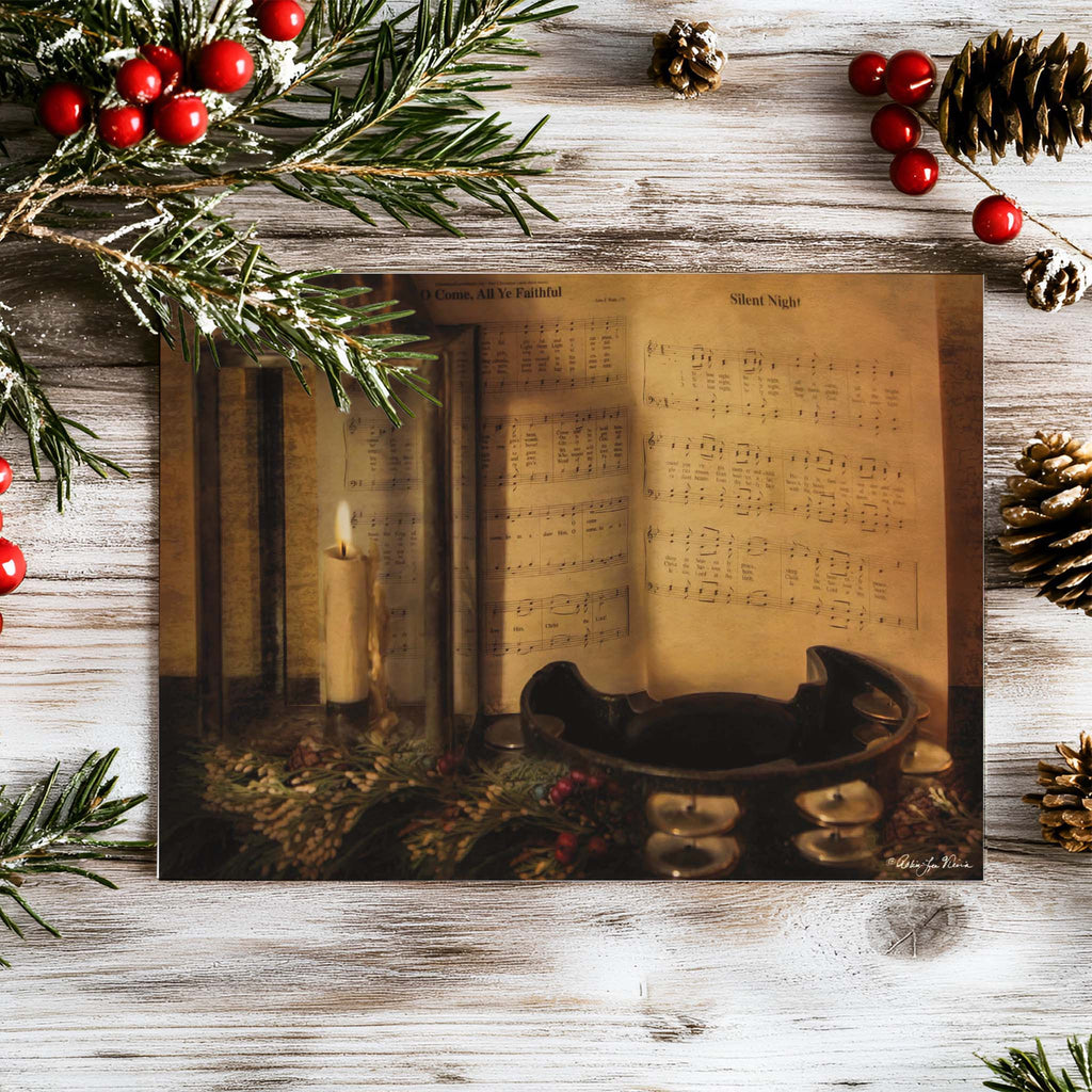 Religious Christmas Card with Hymn and Holly Berries in backgroud