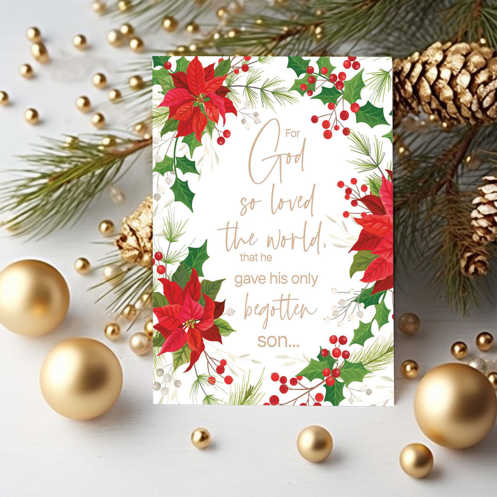 Scripture Christmas Card with Poinsettias. 