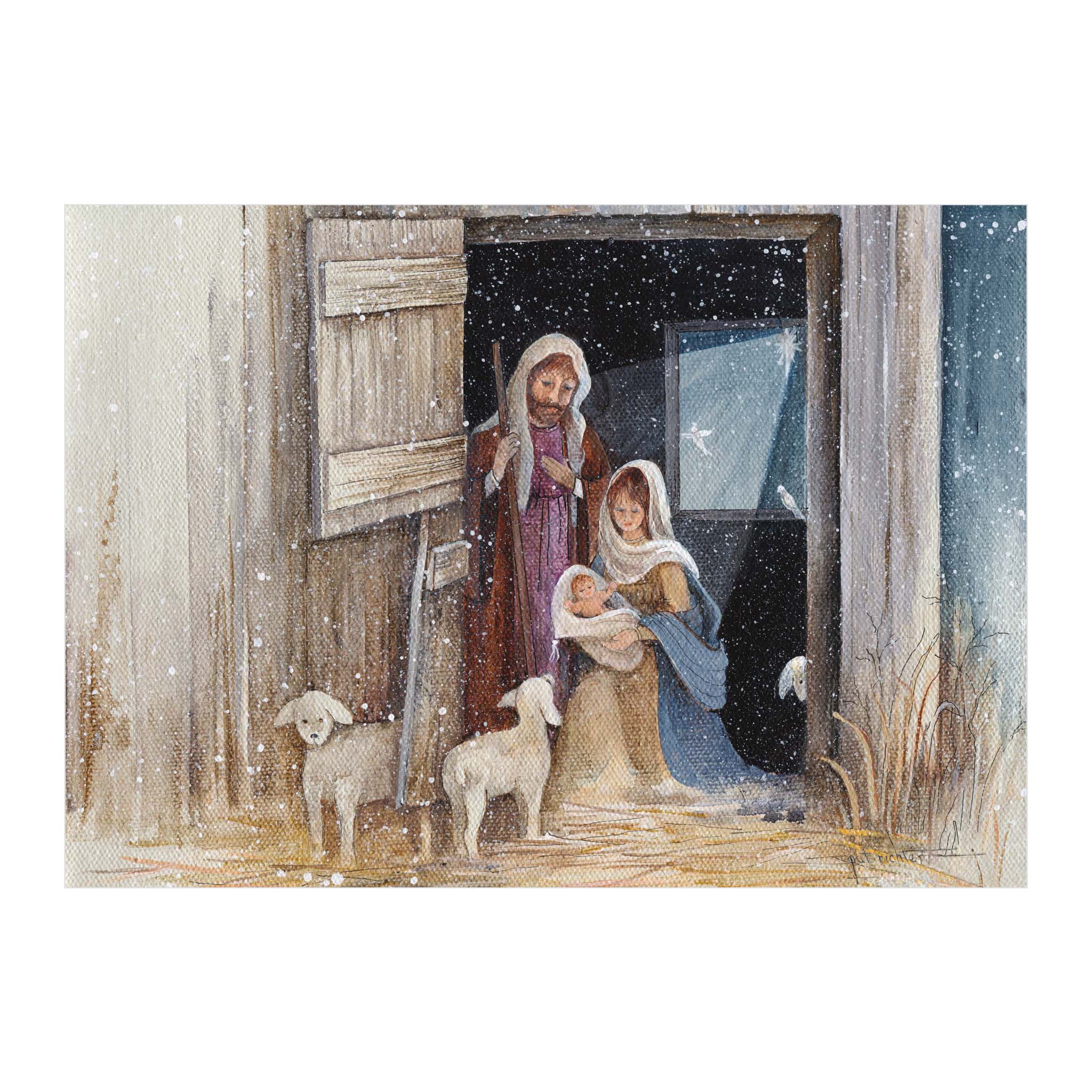 Front of Christmas card with Mary, Joseph and baby Jesus
