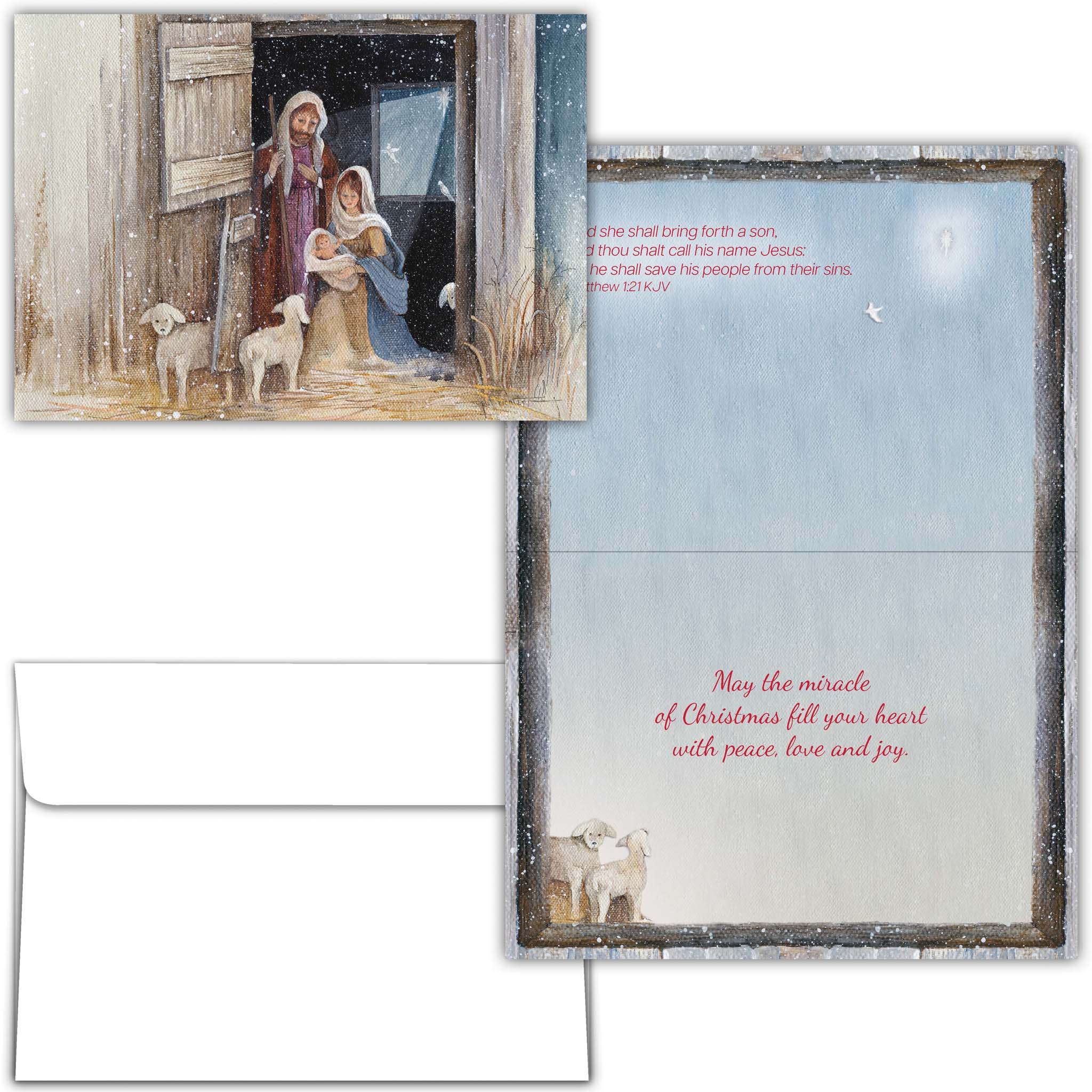 This is Christmas card with white envelope and Nativity scene