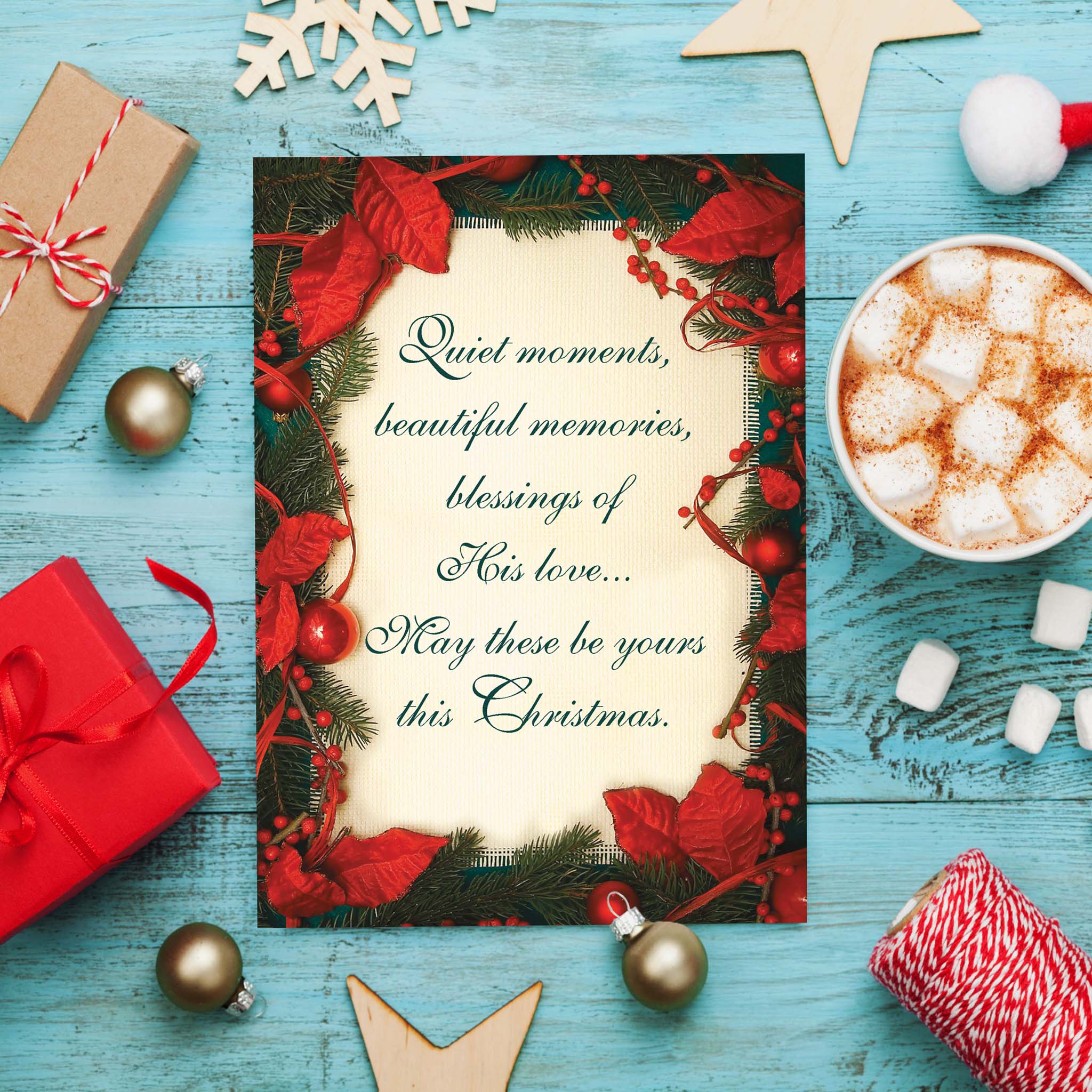 Christian Christmas Card with background of Hot Chocolate and Presents