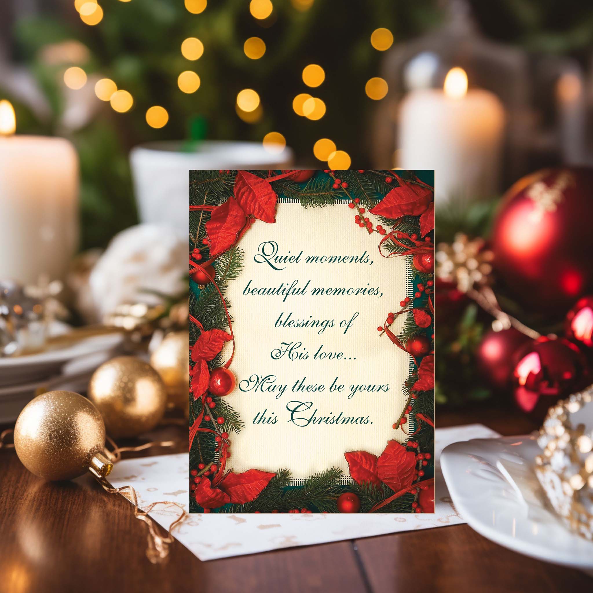 Beautiful Christmas Card on Table with Ornaments, Pointsettia, and Lights.