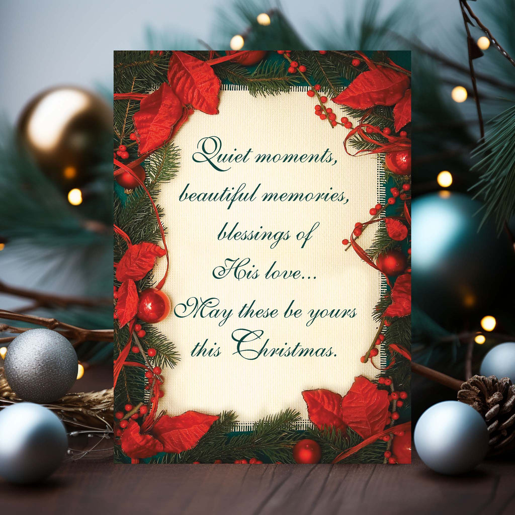 Religious Christmas Card on Table with Ornaments