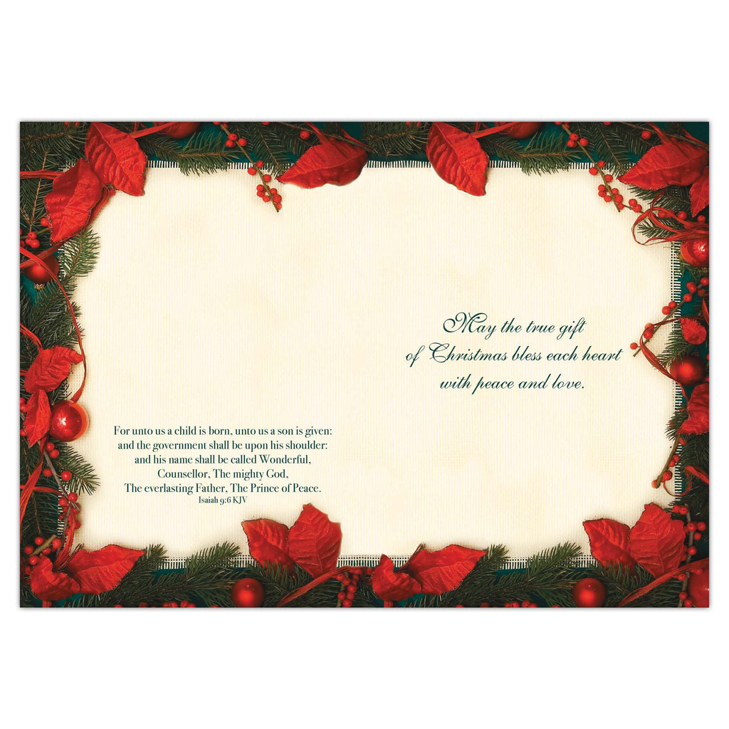 Colored Interior of Christmas Card with Pointsettias.