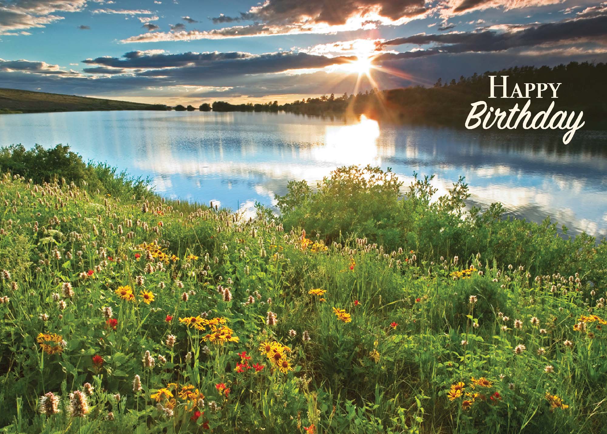 Scenic landscape with a lake and sunset, featuring 'Happy Birthday' text.