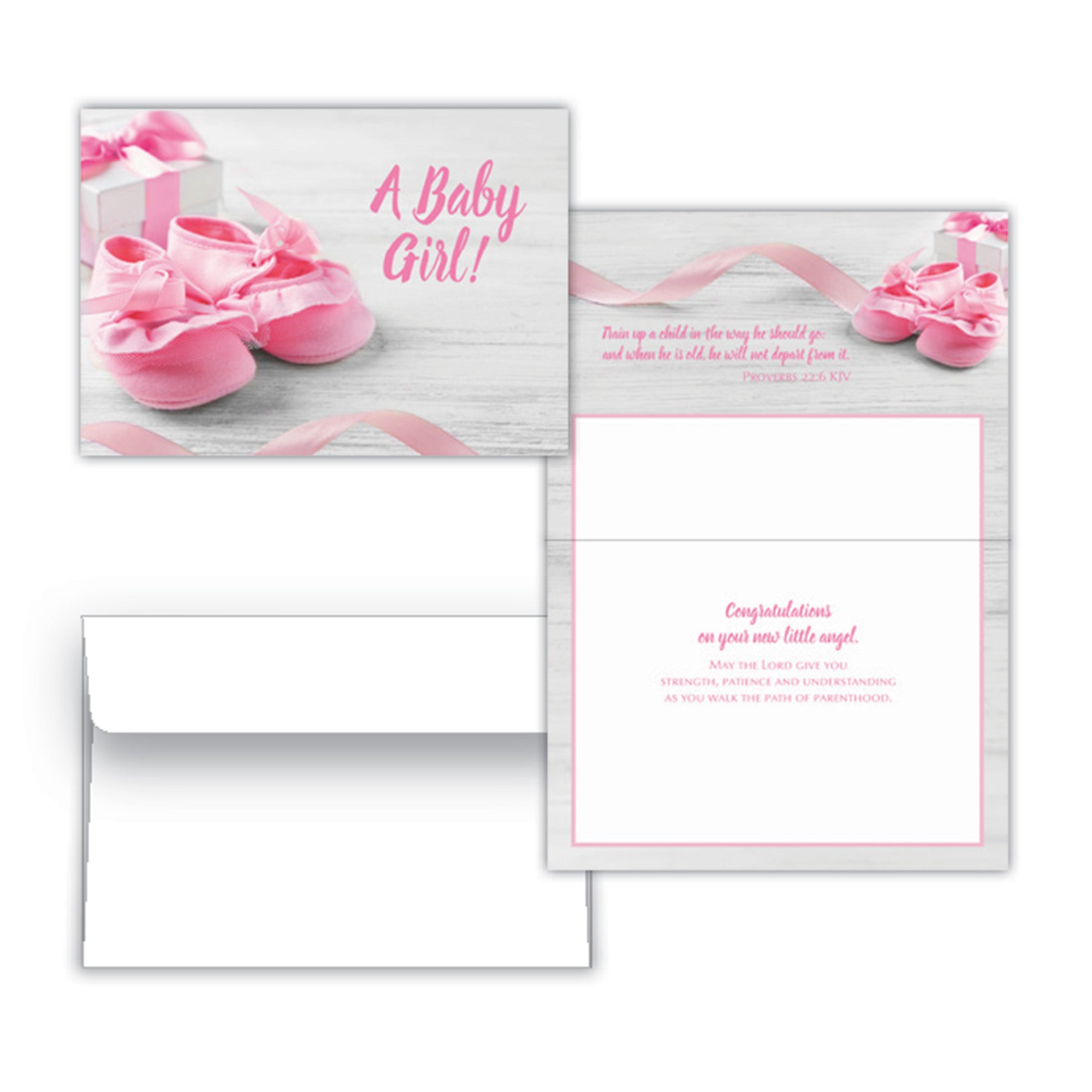 New Baby Girl Card with Bible Verse – Pink Booties Design