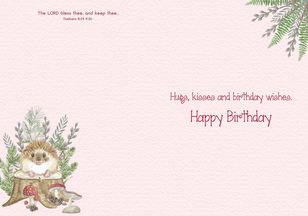 Birthday card with a hedgehog and floral elements on a light pink background