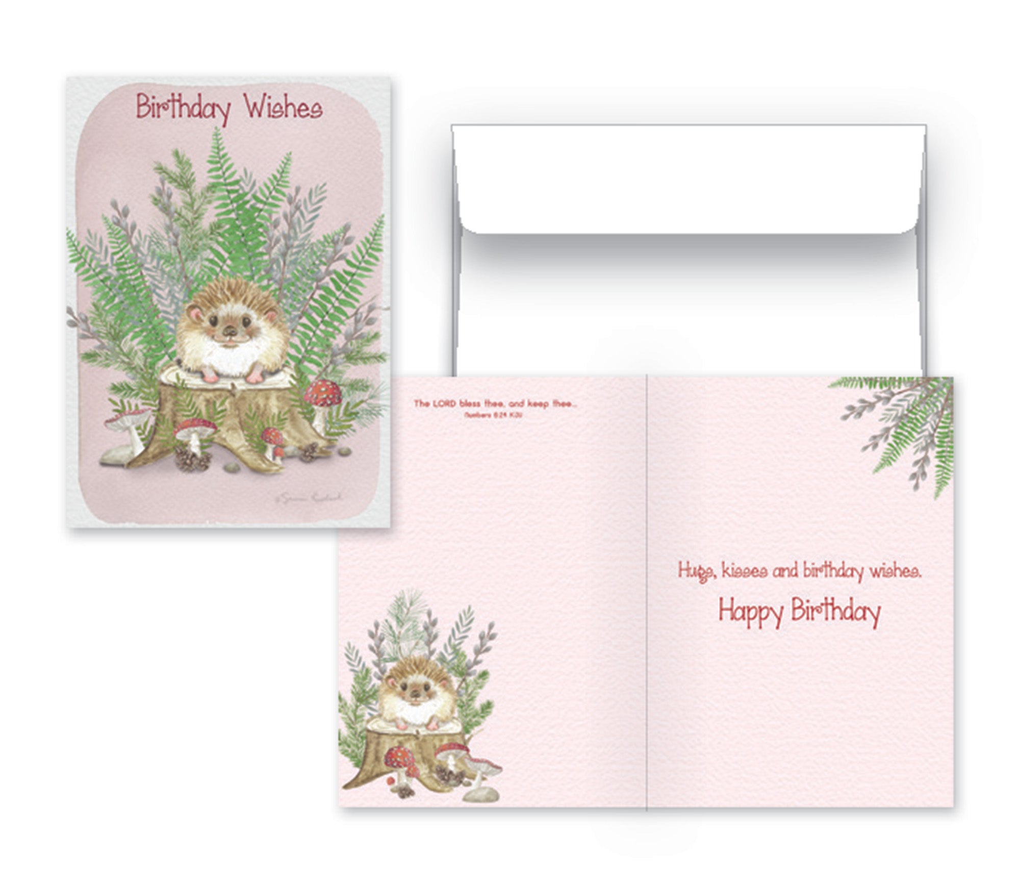 Birthday card with hedgehog illustration and decorative elements on a white background