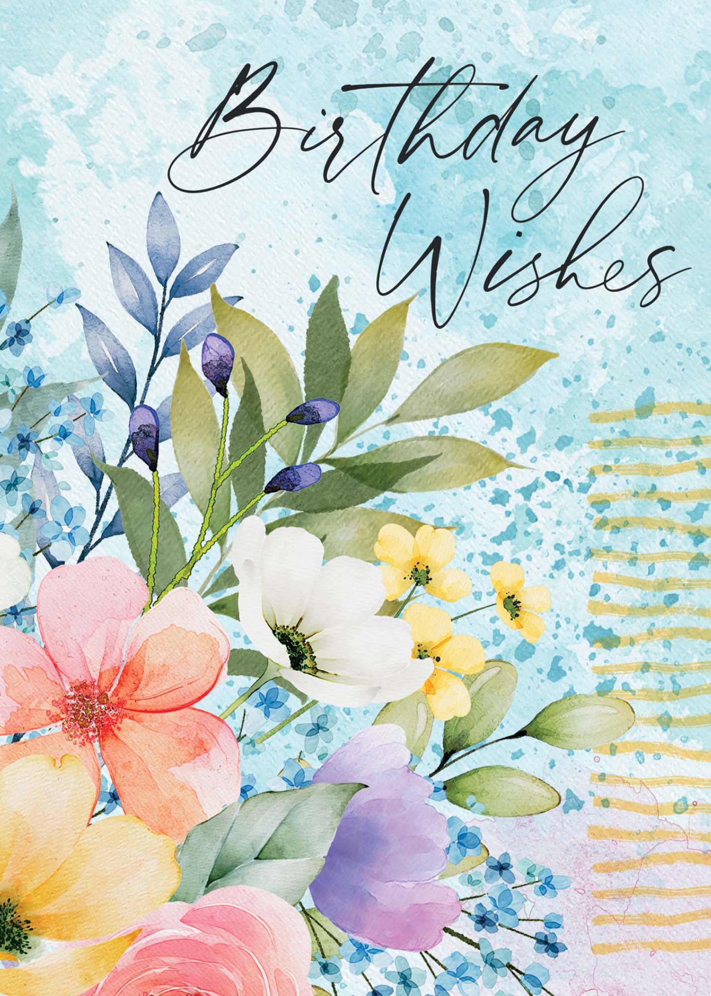 Floral design with 'Birthday Wishes' text on a blue and pink background