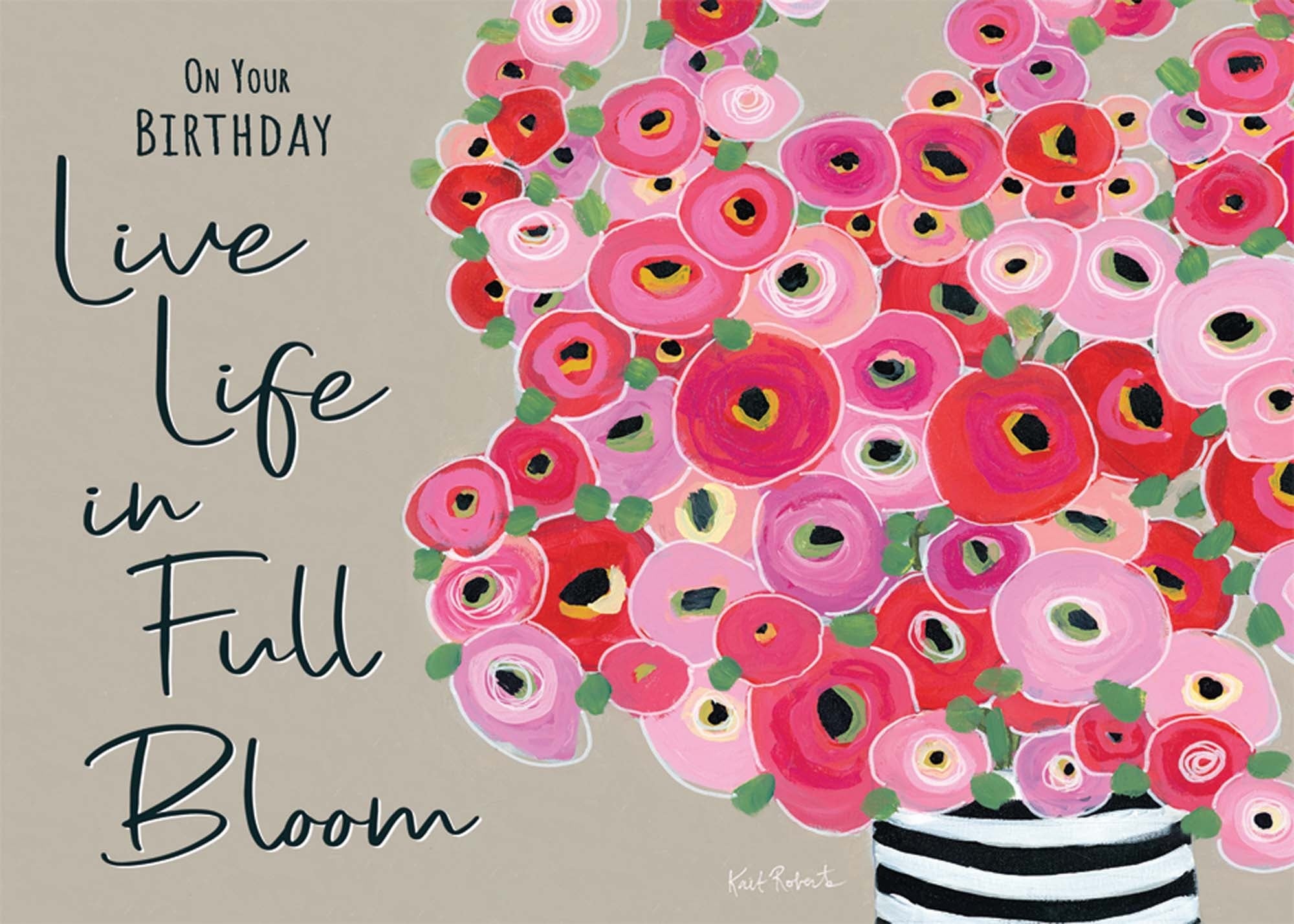 Birthday card with pink flowers and text on a beige background