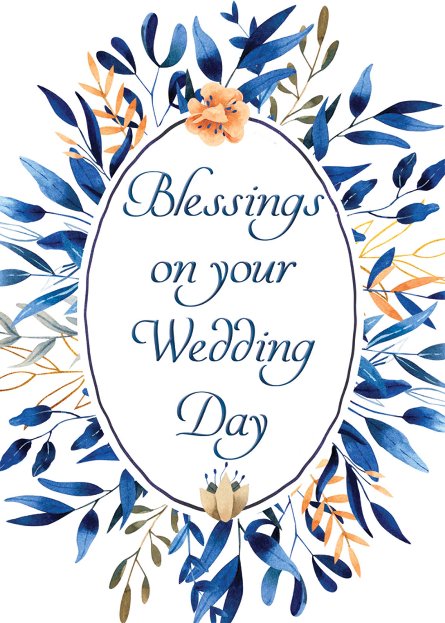 Decorative card with 'Blessings on your Wedding Day' text surrounded by blue and orange floral elements.