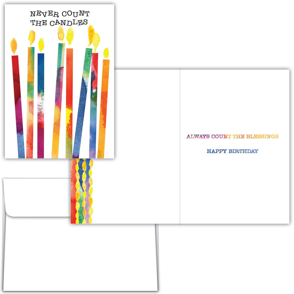 Set of birthday cards with colorful candles and text on a white background
