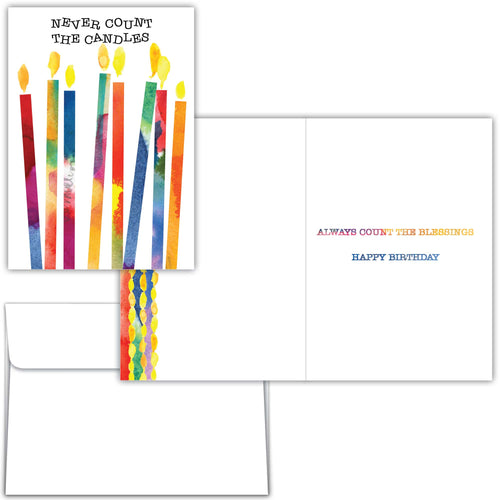 Set of birthday cards with colorful candles and text on a white background