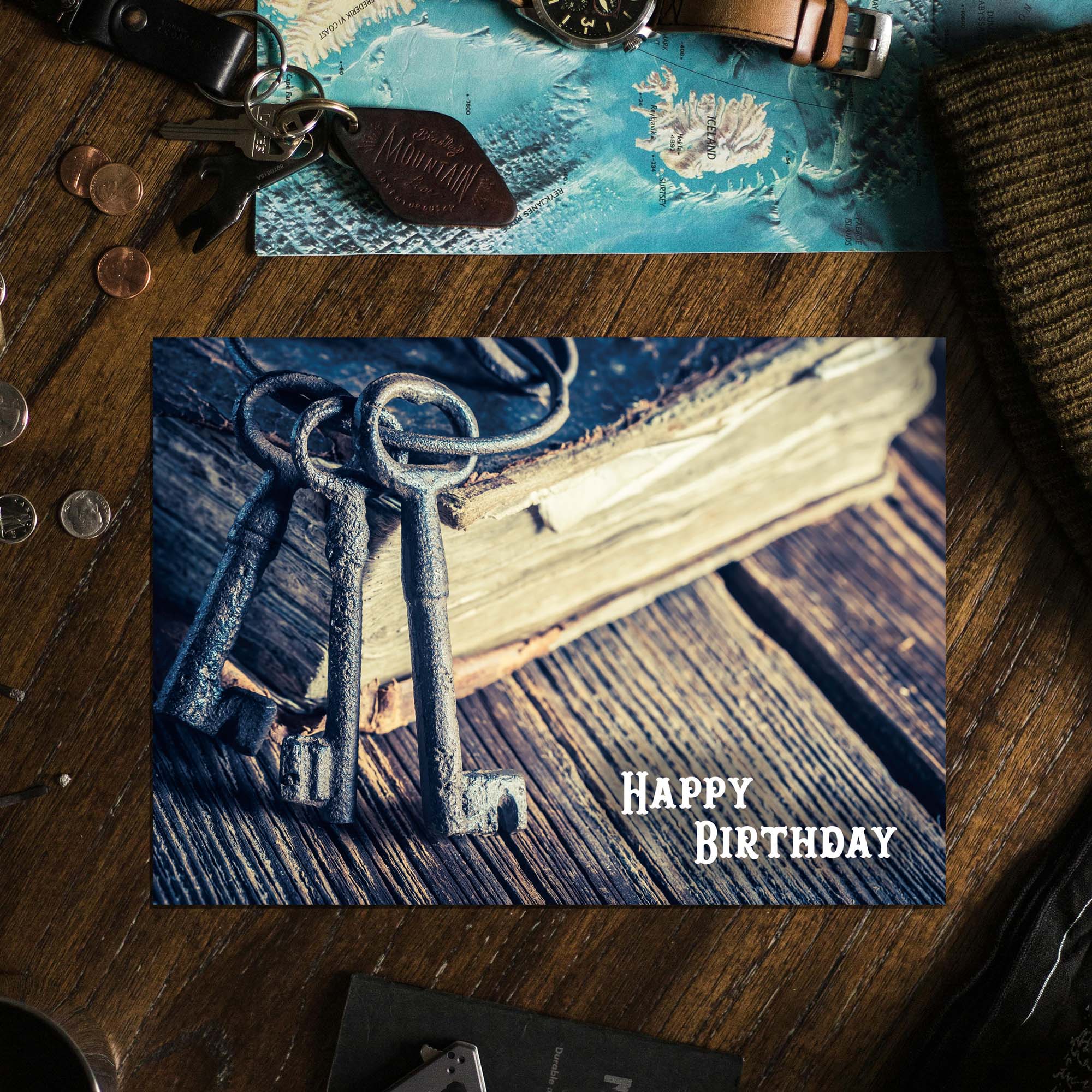 Religious Birthday Card – Psalm 20:4 KJV, Vintage Keys & Book