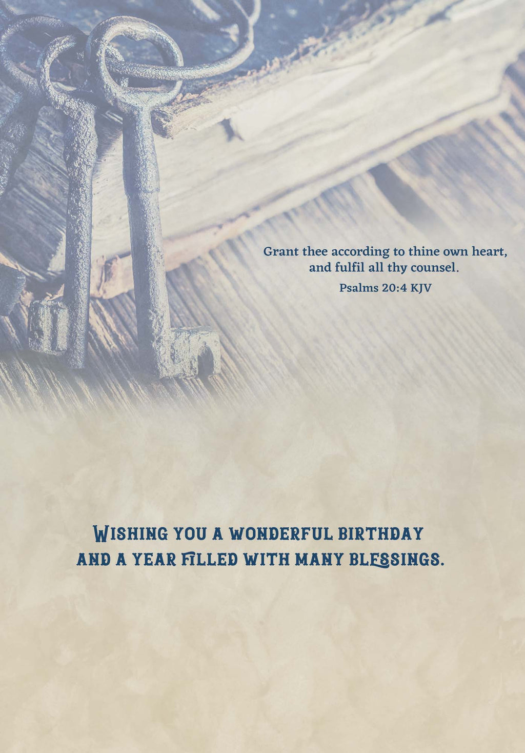 Religious Birthday Card – Psalm 20:4 KJV, Vintage Keys & Book