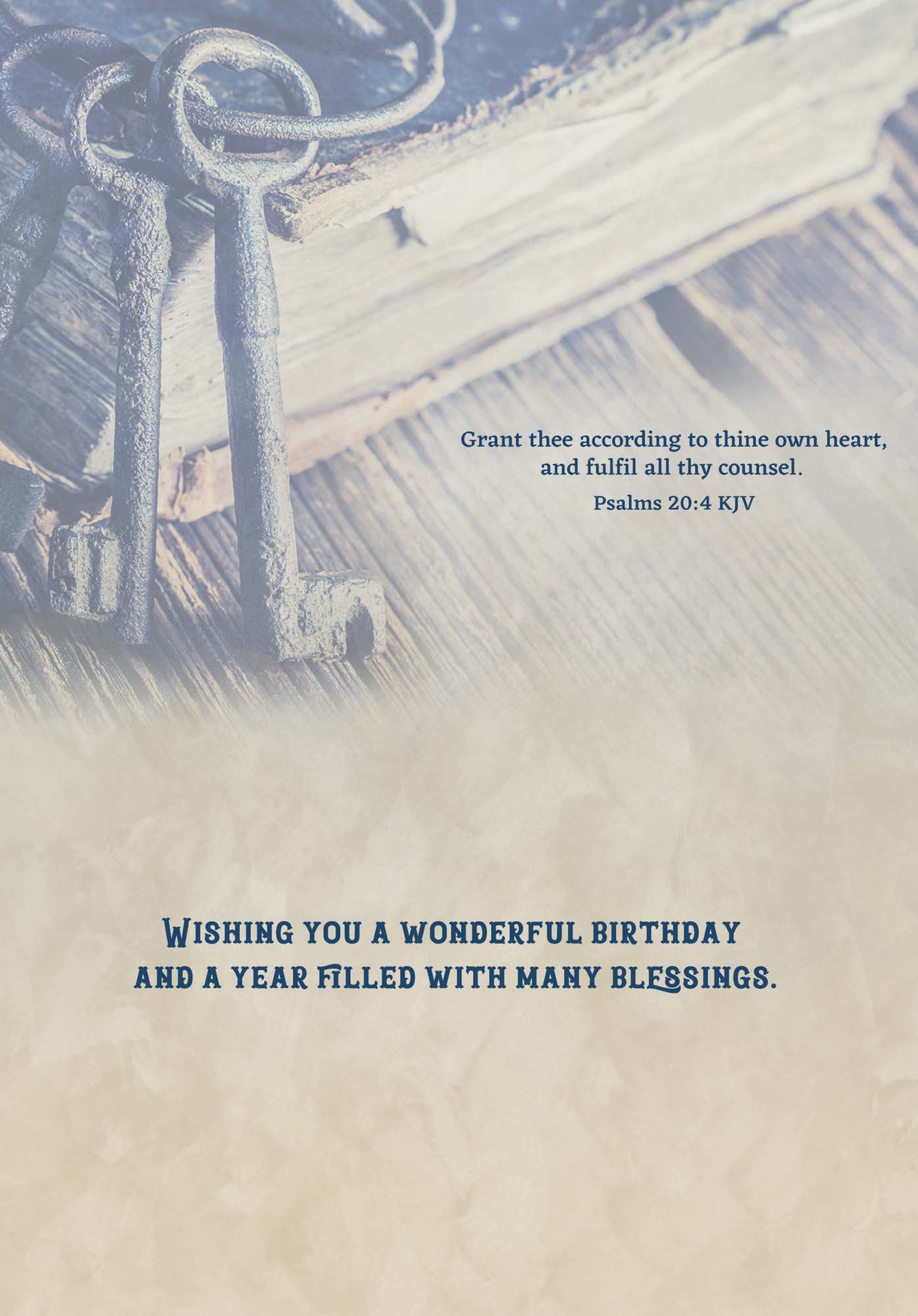 Religious Birthday Card – Psalm 20:4 KJV, Vintage Keys & Book