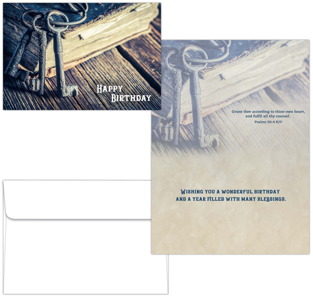 Religious Birthday Card – Psalm 20:4 KJV, Vintage Keys & Book
