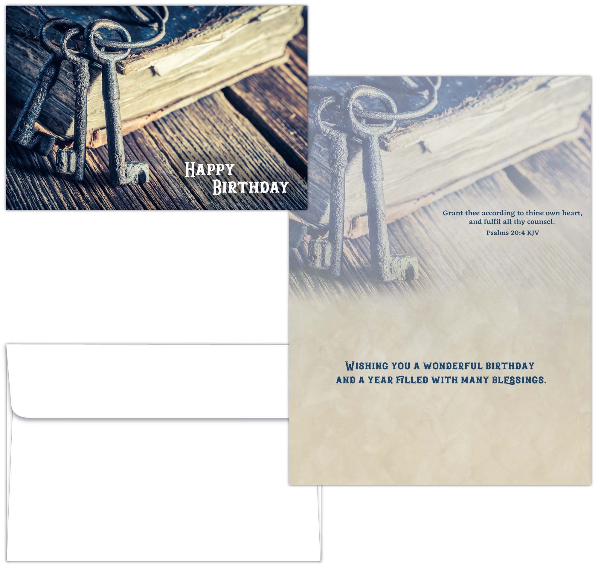 Religious Birthday Card – Psalm 20:4 KJV, Vintage Keys & Book