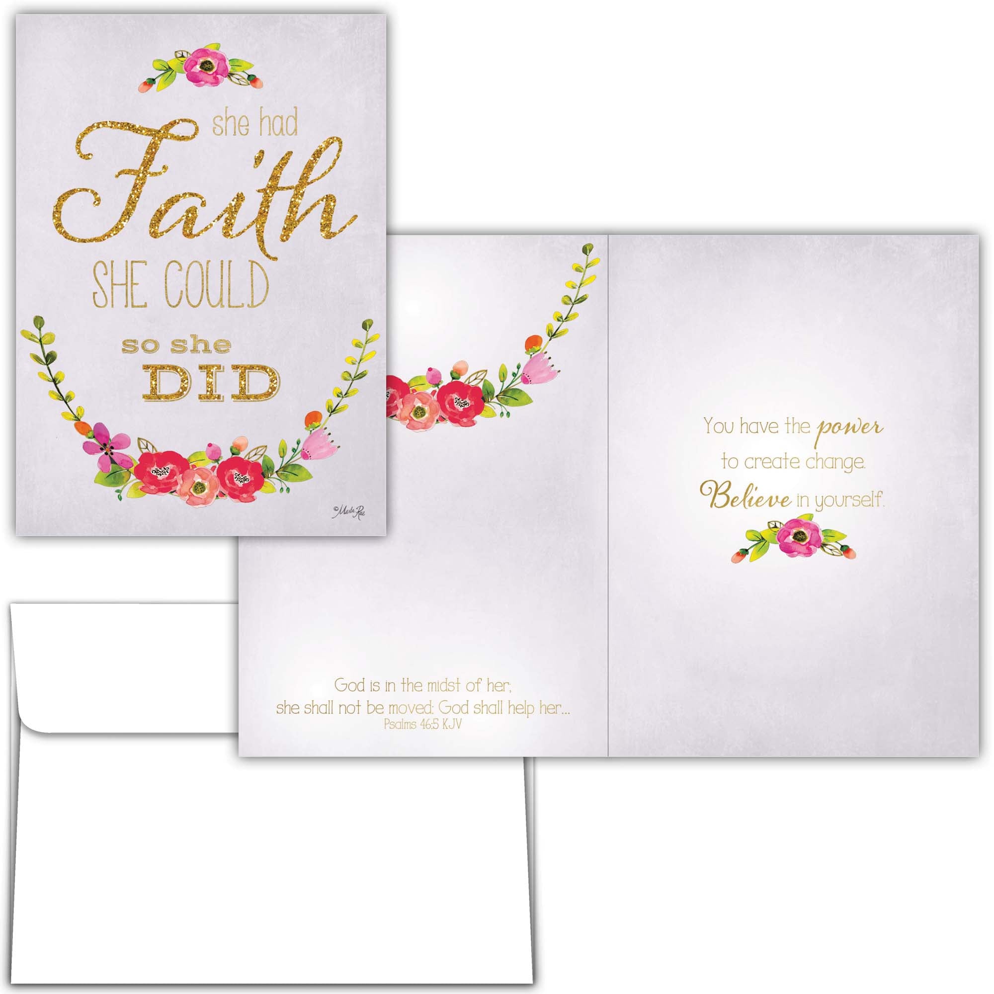 This card features elegant watercolor florals in warm pinks and greens, paired with graceful botanical accents. The soft neutral background allows the gold-tone typography to shine, reinforcing the message of faith and strength. Full-color interior printing enhances the experience, creating a refined, feminine design that visually supports the encouragement found in God’s Word.