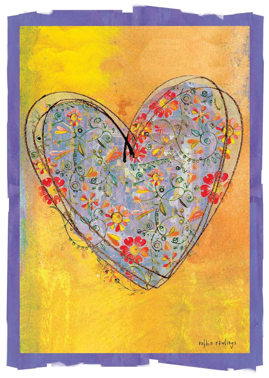Colorful heart-shaped floral design on a textured yellow background