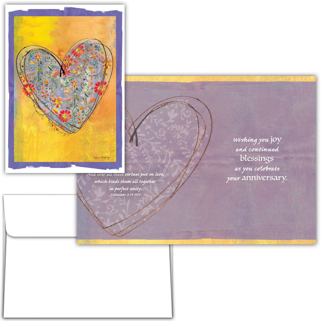 Two heart-themed greeting cards with one featuring a colorful heart design on a yellow background and the other with a purple background and text.