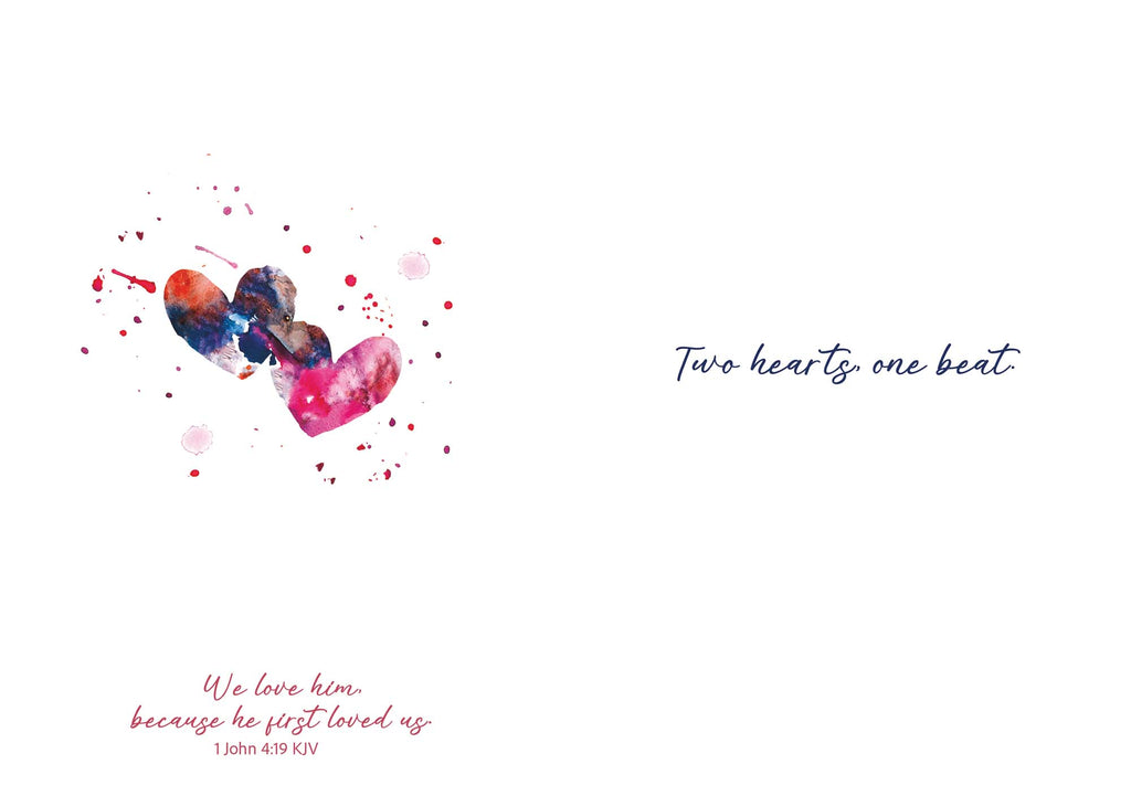 Christian Anniversary Card – Watercolor Hearts, Two Hearts One Beat
