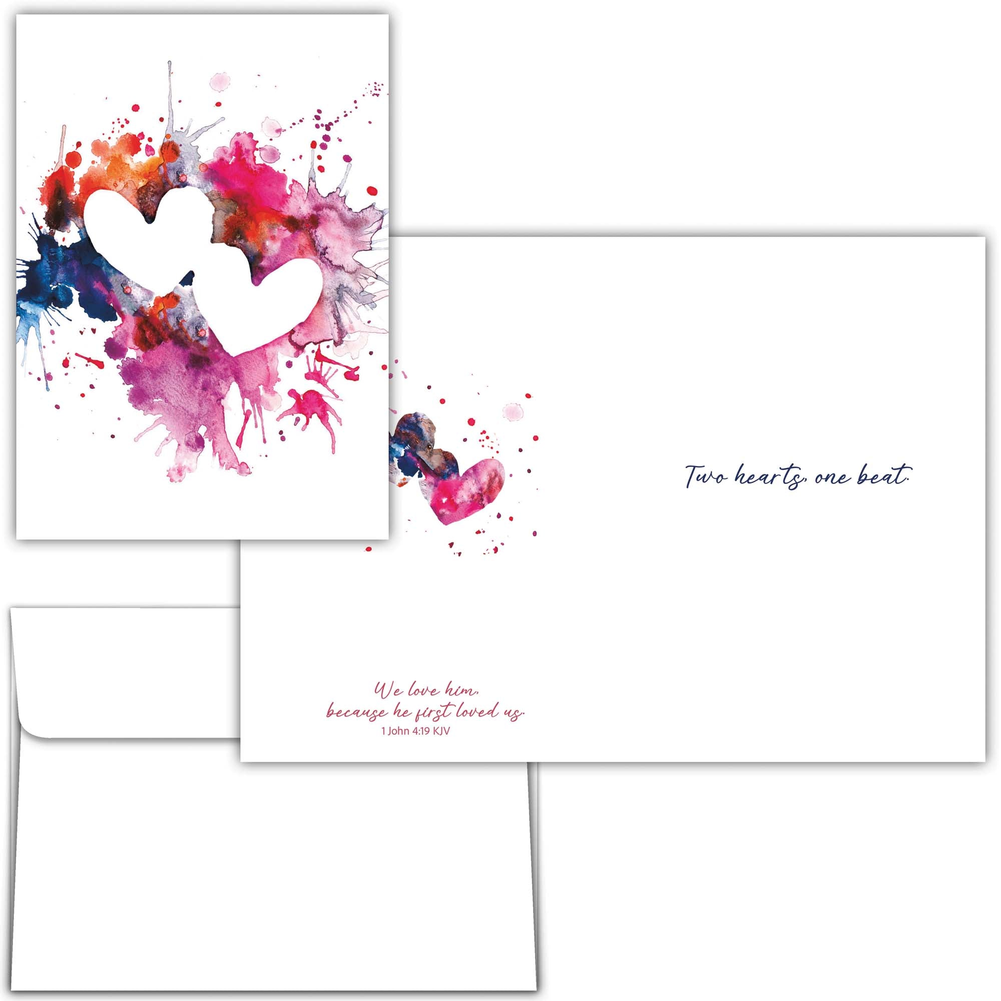 Christian Anniversary Card – Watercolor Hearts, Two Hearts One Beat