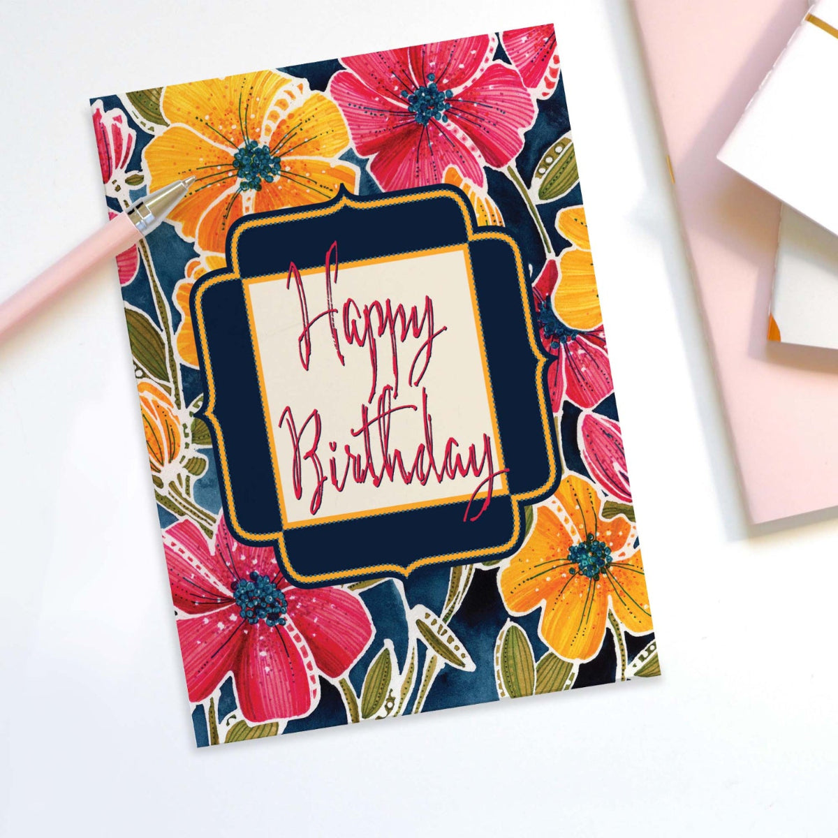 Floral birthday card with 'Happy Birthday' text on a white background
