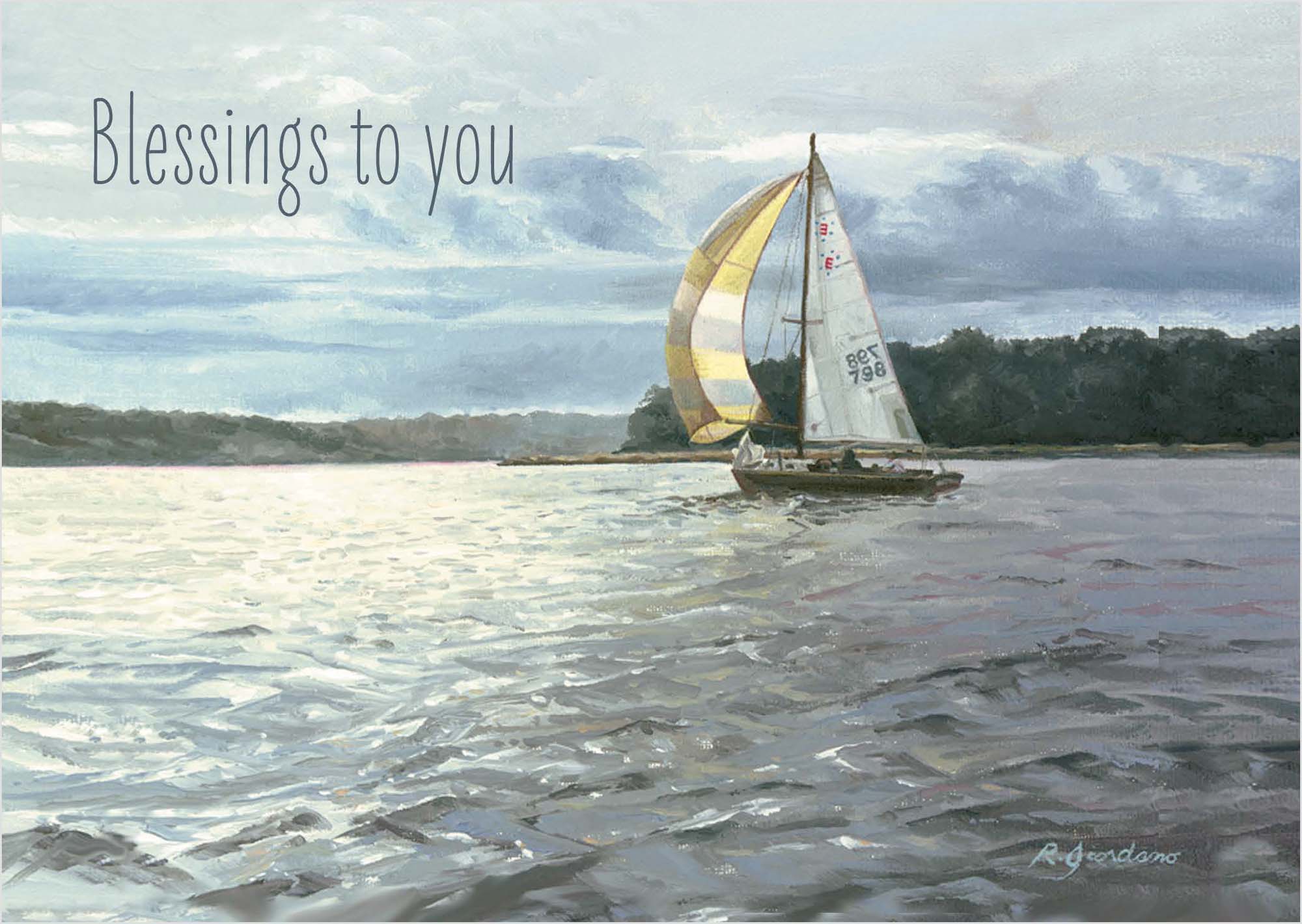 Sailing boat on water with 'Blessings to you' text and signature.