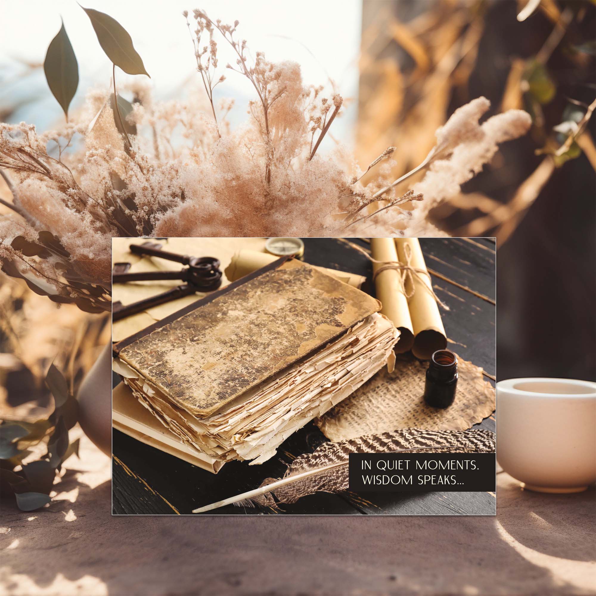 Stack of old books with a cup and pen on a wooden surface, surrounded by dried plants.