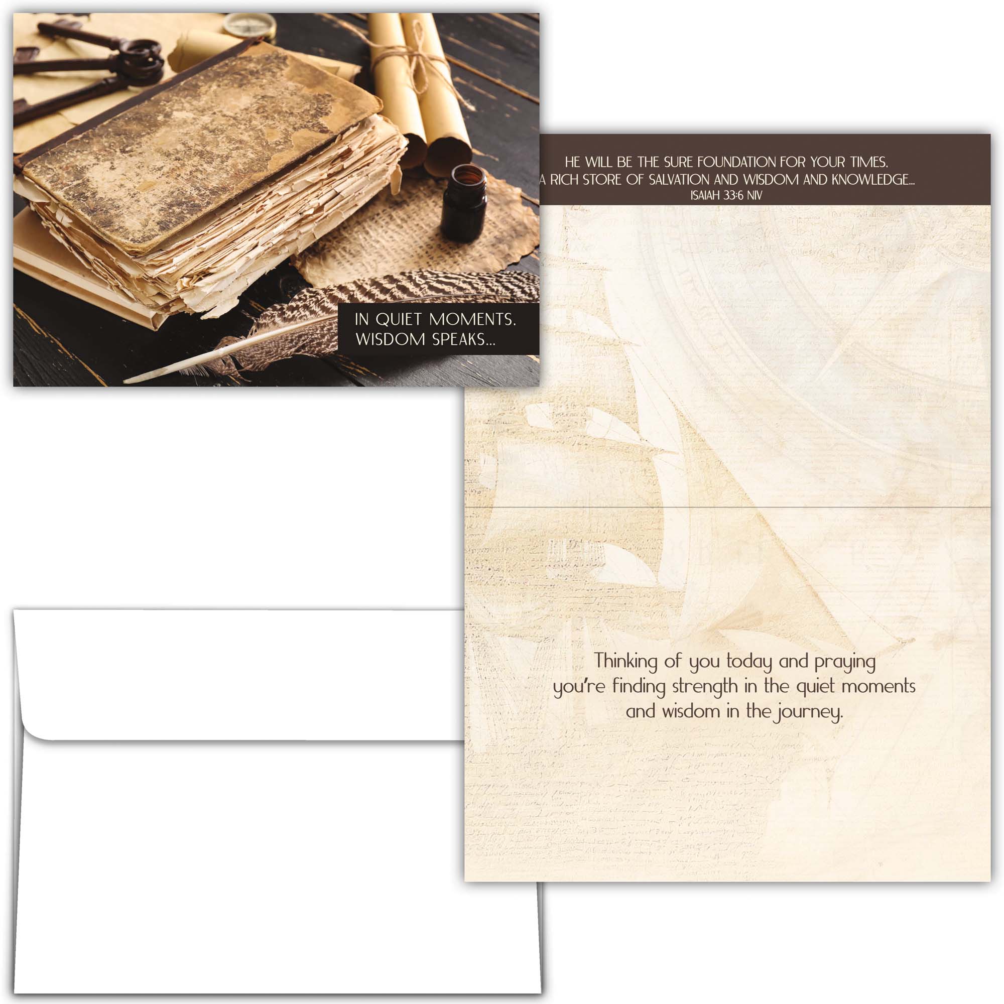 Greeting card with vintage books and quill on one side and inspirational text on the other, with a matching envelope.