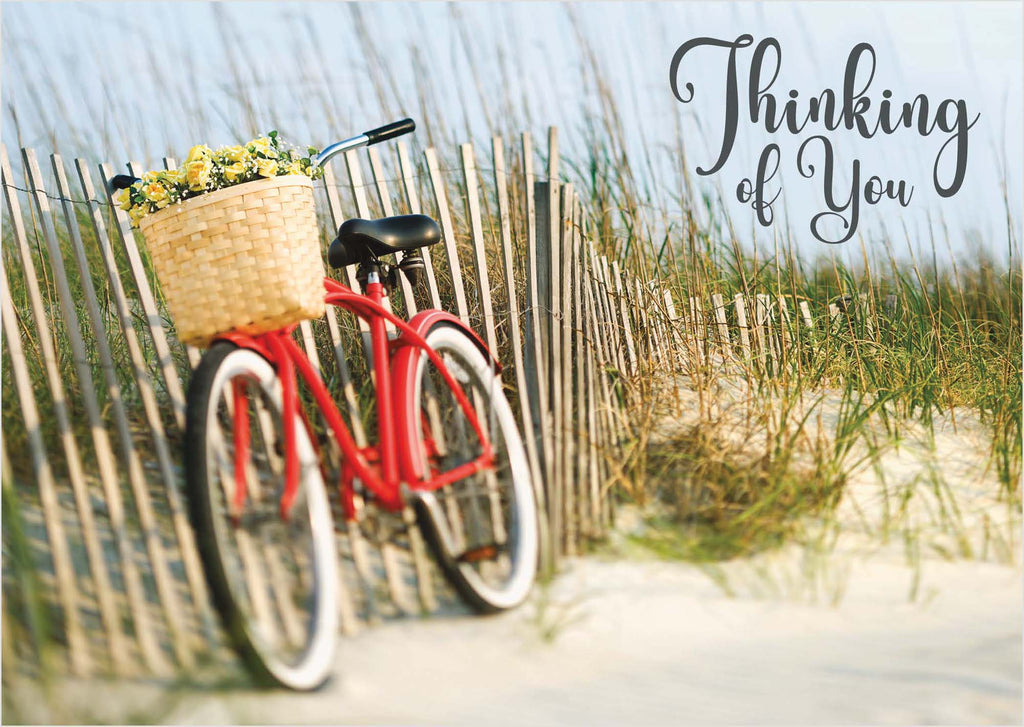 Red bicycle with a basket of flowers leaning against a wooden fence on a beach, with 'Thinking of You' text.