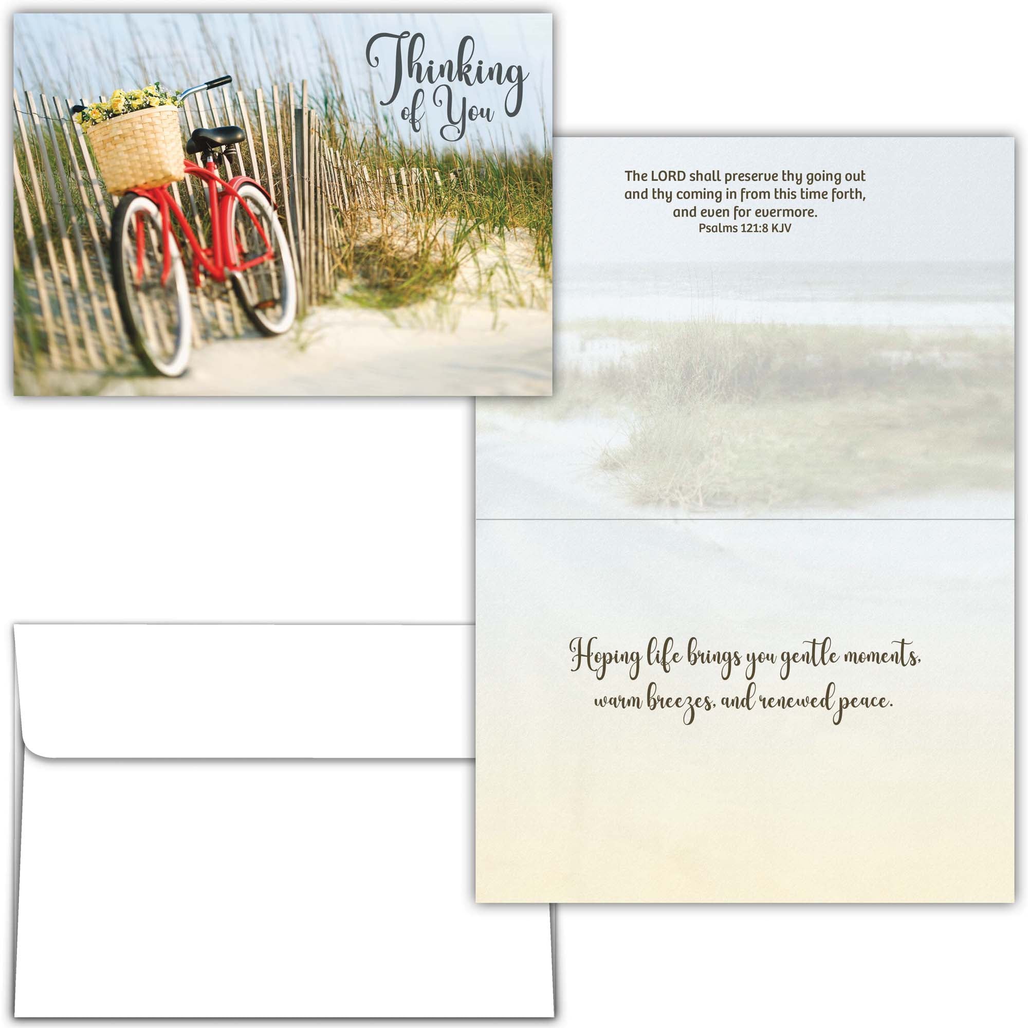 Greeting card with bicycle and dunes design, featuring a message of encouragement.