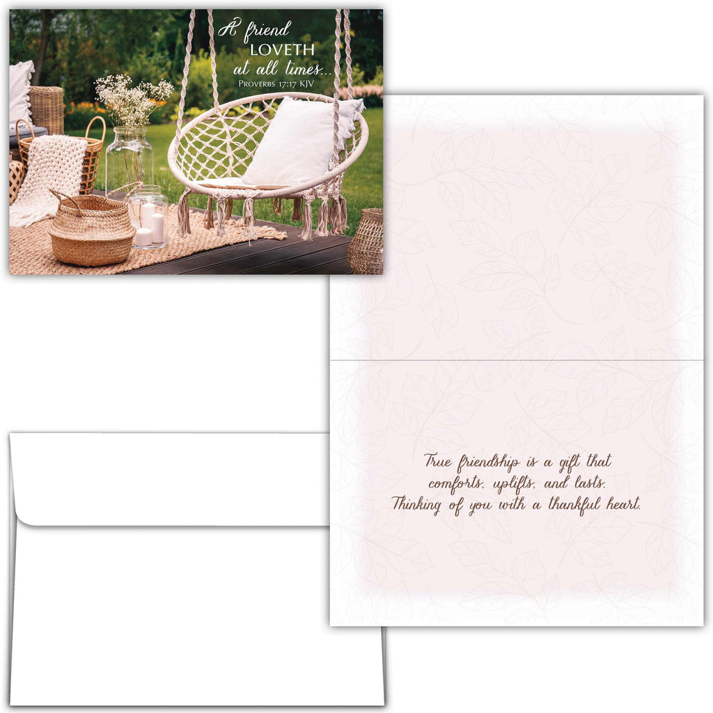 Greeting card with outdoor scene and inspirational quote, featuring a swing chair and garden setting.