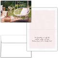 Greeting card with outdoor scene and inspirational quote, featuring a swing chair and garden setting.