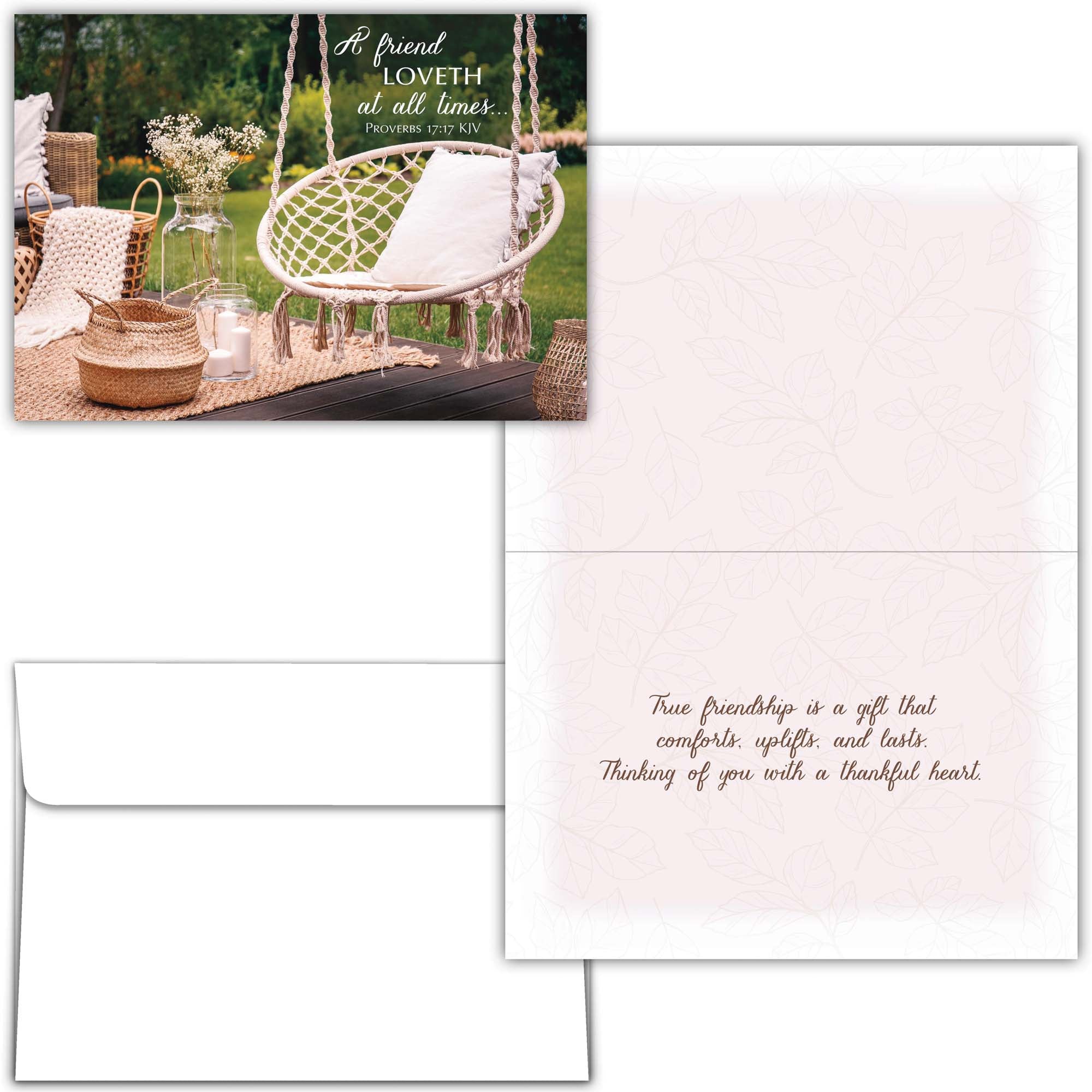 Greeting card with outdoor scene and inspirational quote, featuring a swing chair and garden setting.