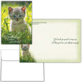 Birthday card with a kitten in grass and text on a white background