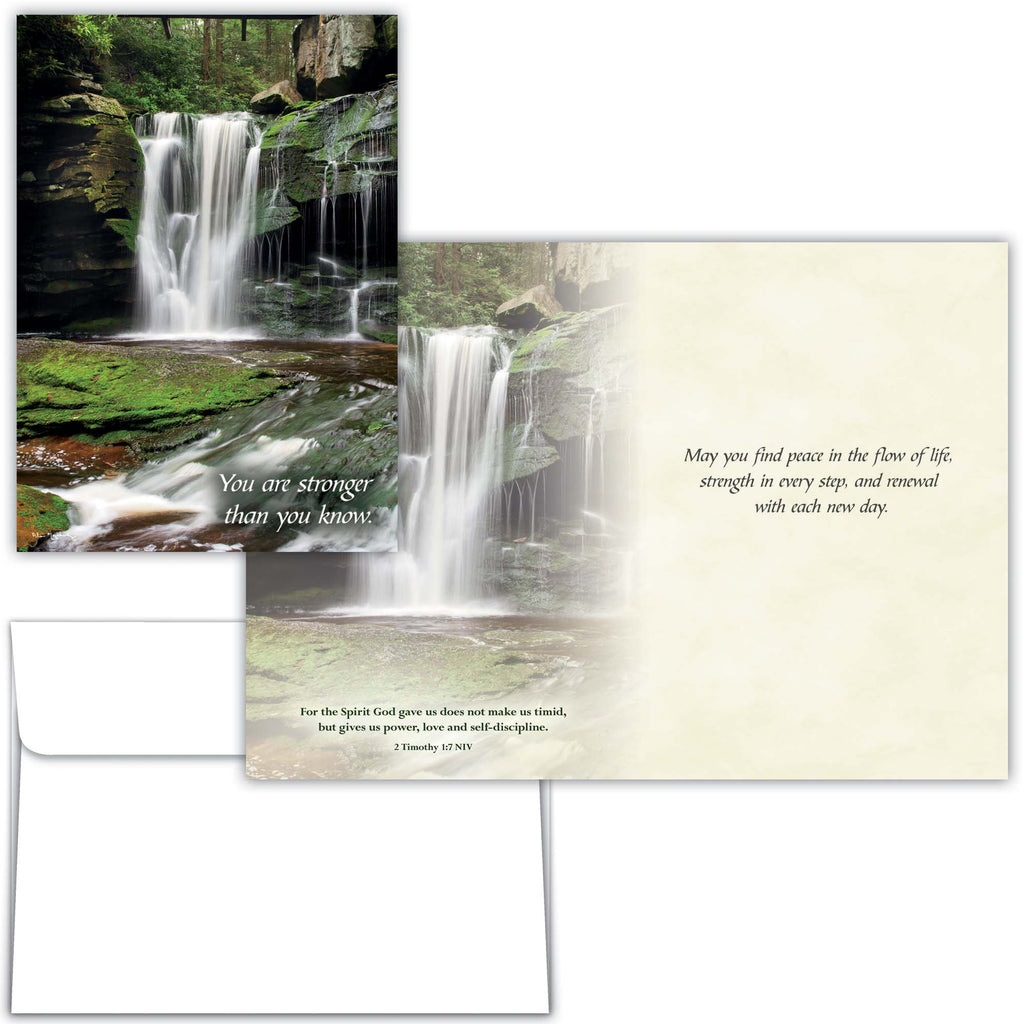 Greeting card with a waterfall image and motivational text on a white background