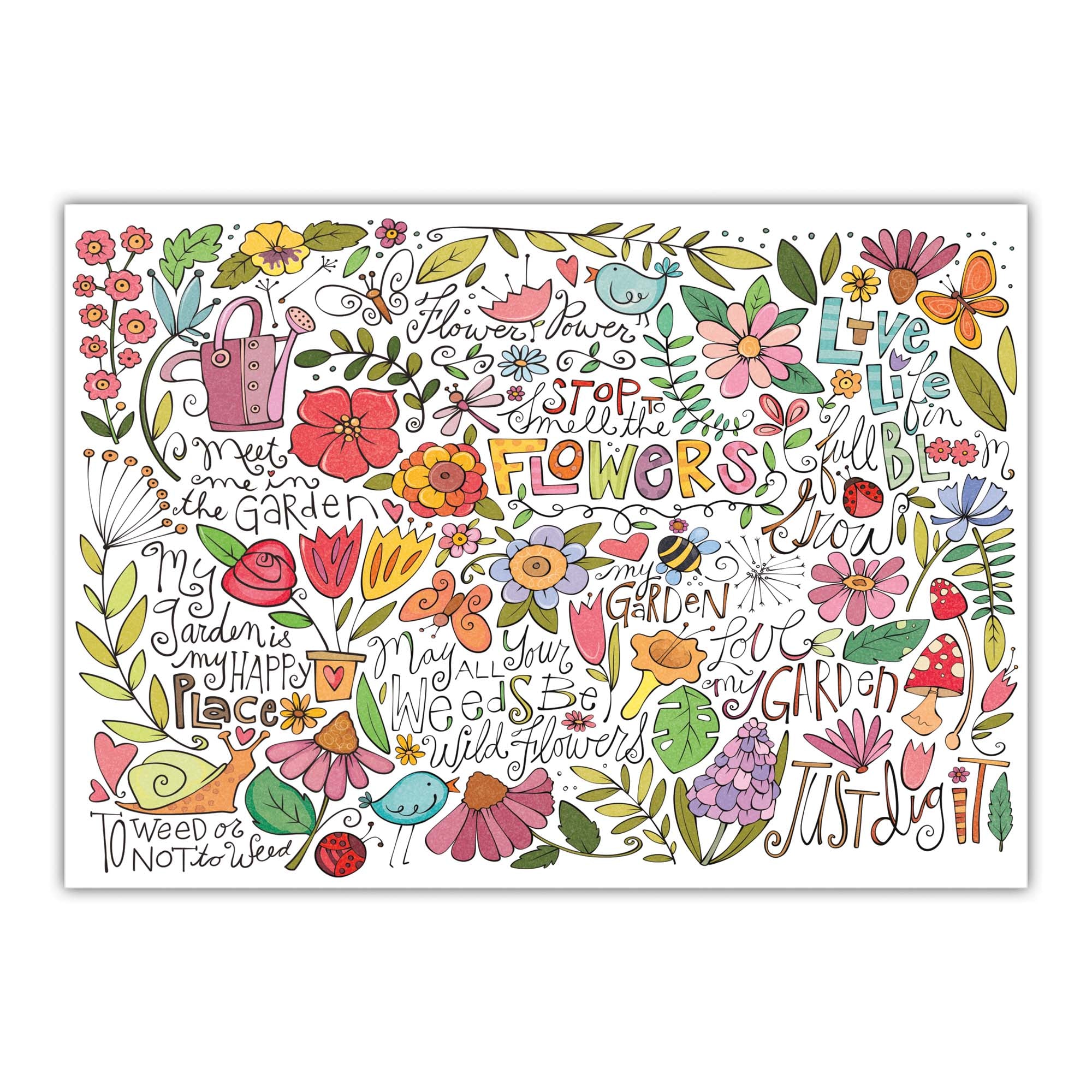 Colorful garden-themed placemat with floral and botanical designs on a white background