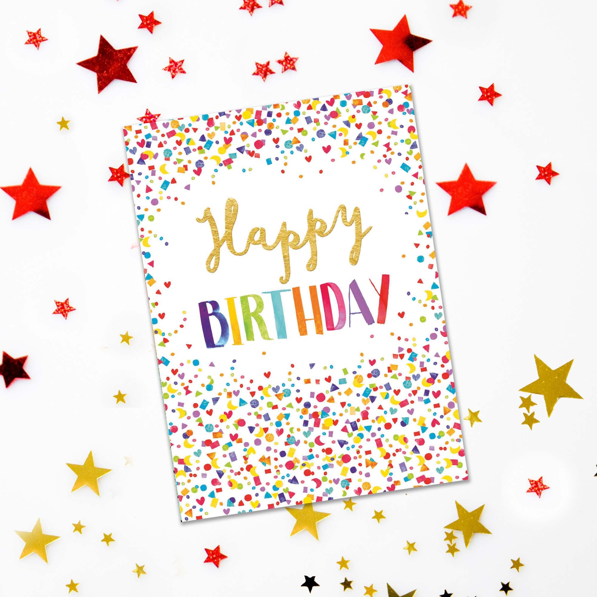 Colorful 'Happy Birthday' card with confetti on a white background with star decorations.