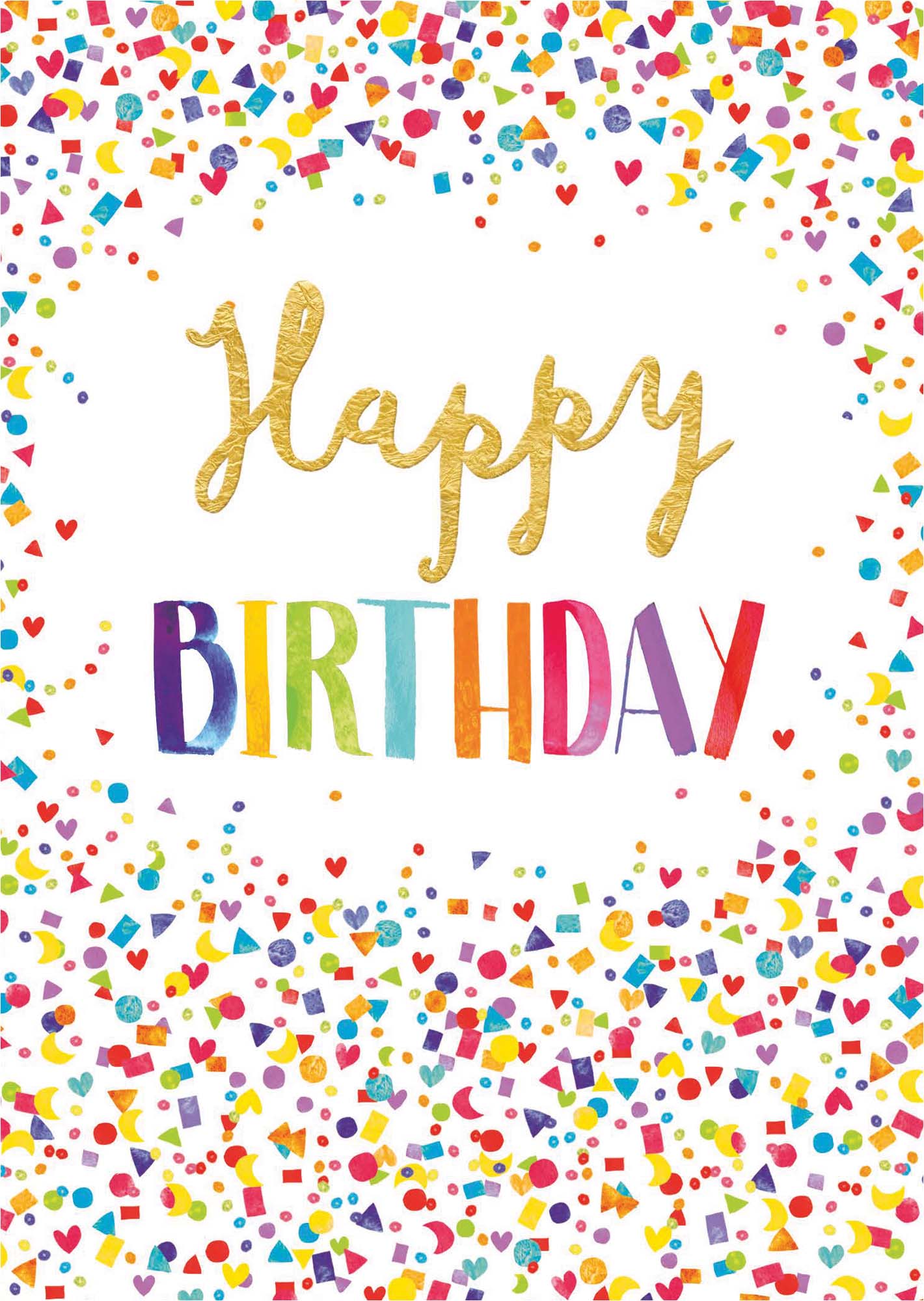 Colorful 'Happy Birthday' text with confetti on a white background