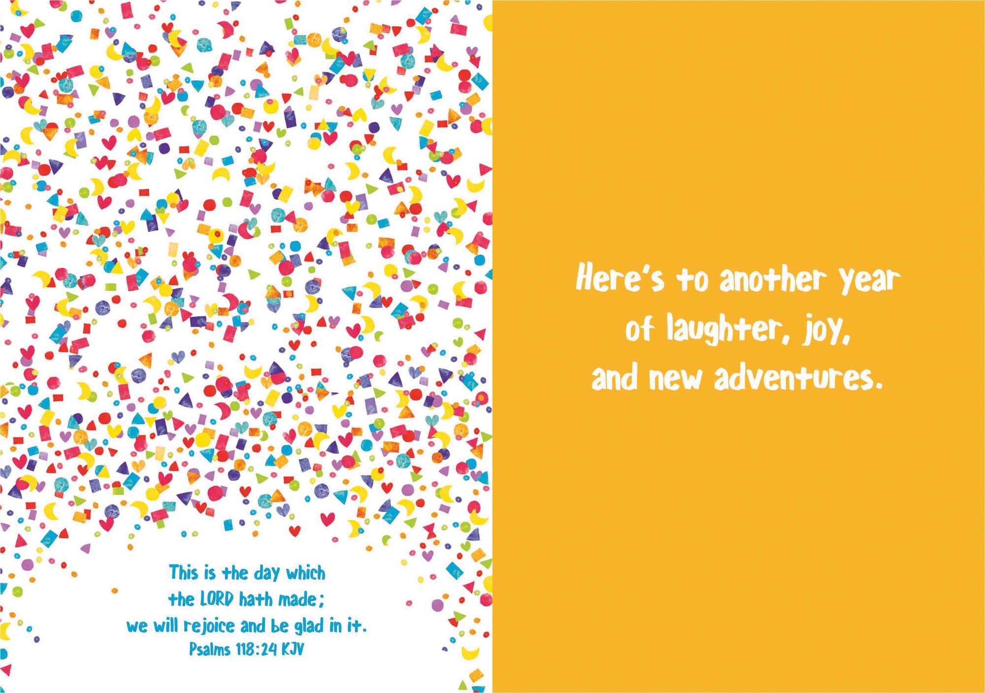 Greeting card with colorful confetti pattern and text on a yellow background