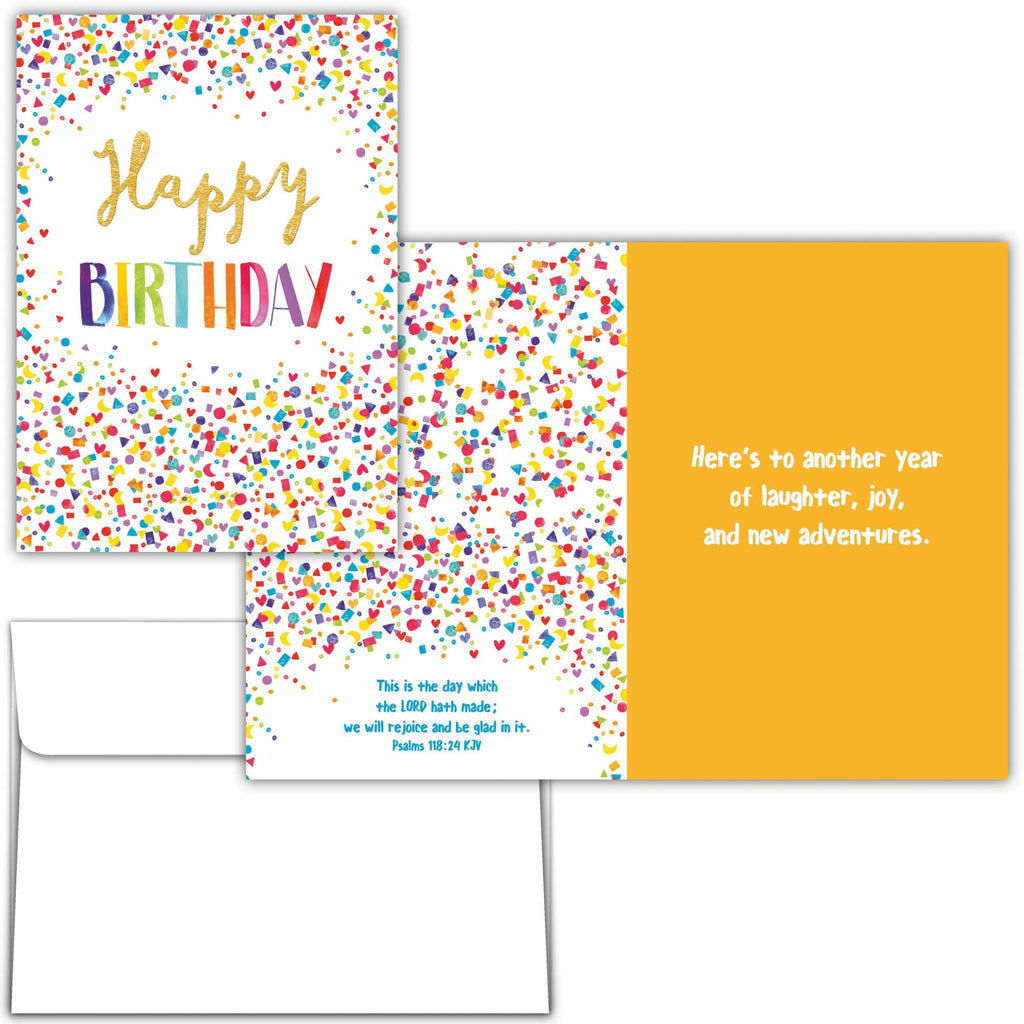 Set of birthday cards with colorful confetti design and motivational text.