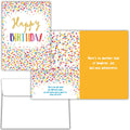 Set of birthday cards with colorful confetti design and motivational text.